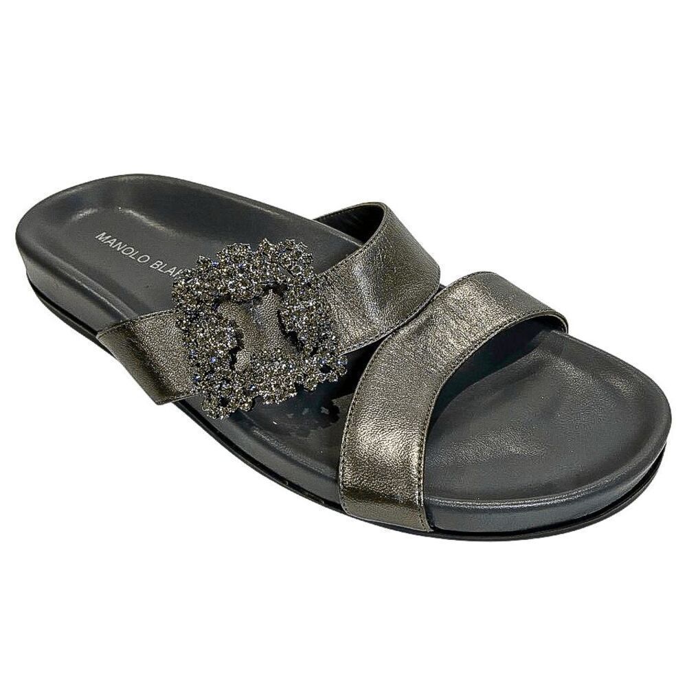 Manolo Blahnik Chilanghi Satin Jewel Buckle Flat Mules Silver EU 39 Slip On
